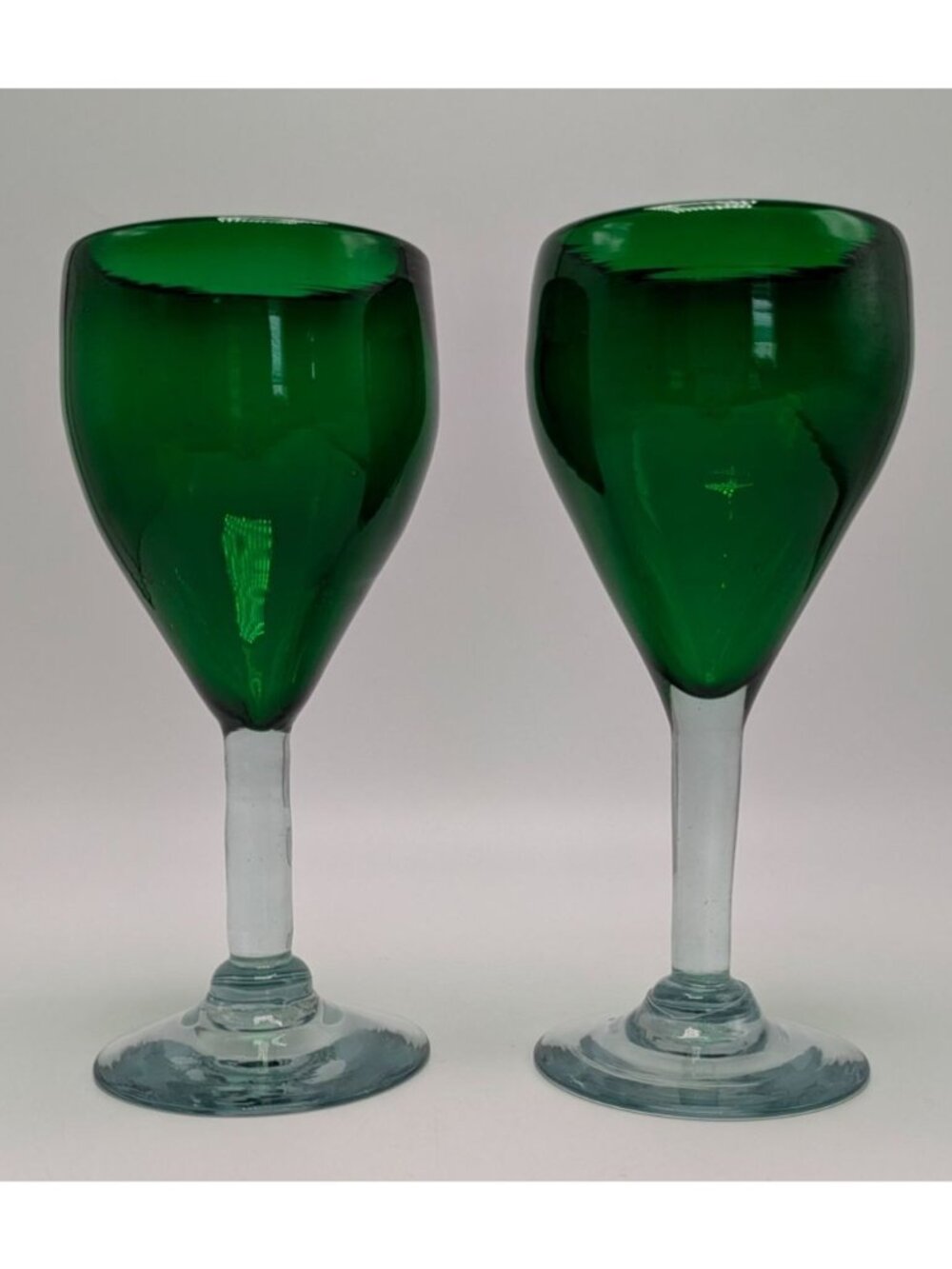Mexican Hand Blown Recycled Glass Wine Water Goblets Green 10 fl oz 7 5/8" tall